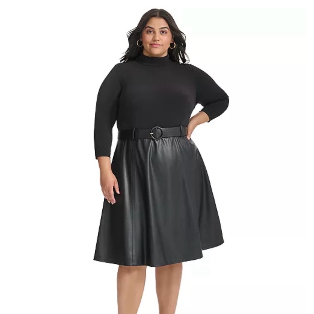 Calvin Klein long-sleeve black dress faux leather skirt matching belt. Size 16 - Picture 1 of 9
